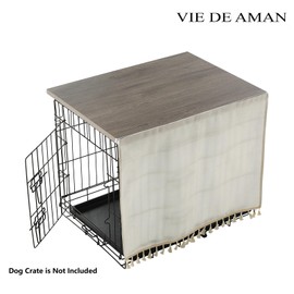 VIE DE AMAN Dog Crate Topper Wood for 48 42 36 24 inch Cages, Dog Crate Table Topper with Tassel Curtain, Rustic Style Dog Kennel Topper, Oak Grey(Dog Crate Not Include)