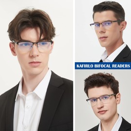 Kafirlo Bifocal Reading Glasses Men Blue Light Blocking Readers With Pouches Half Rimless Metal Frame Progressive Transition Eyeglasses Cheaters Designer Fashion Eyewear 3 Pack +1.50
