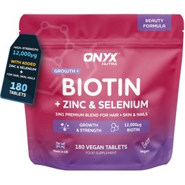 Biotin 12,000μg Hair Skin and Nails Vitamins – High Strength with Zinc & Selenium | 24,000% NRV Biotin Supplement for Hair Support, Nail & Skin | 180 Vegan Tablets for Women & Men UK Made