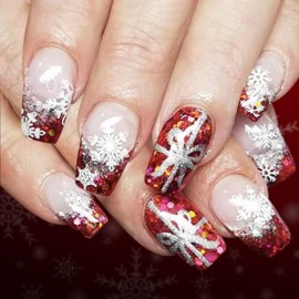 Christmas Press on Nails Medium Coffin Nails Press ons with Dark Red French Tip Design Glitter Snow Nails Glossy Full Cover Sliver Bow Glue on Nail Winter Xmas Holiday Fake Nail for Women 24Pcs