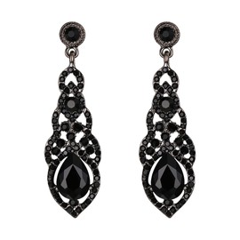 BriLove Black Chandelier Earrings Crystal Art Deco Teardrop Hollow Pierced Rhinestone Dangle for Women's Wedding Bridal Black-Silver-Tone