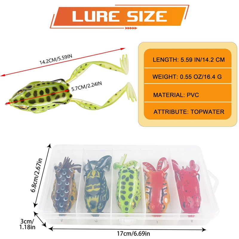 Topwater Frog Fishing Lure Kit, 5pcs Soft Artificial Bait Hollow