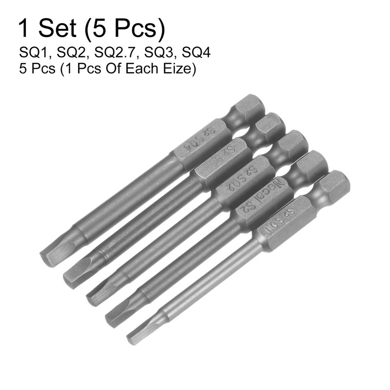 sourcing map 5Pcs Square Head Screwdriver Bits SQ1, SQ2, SQ2.7,