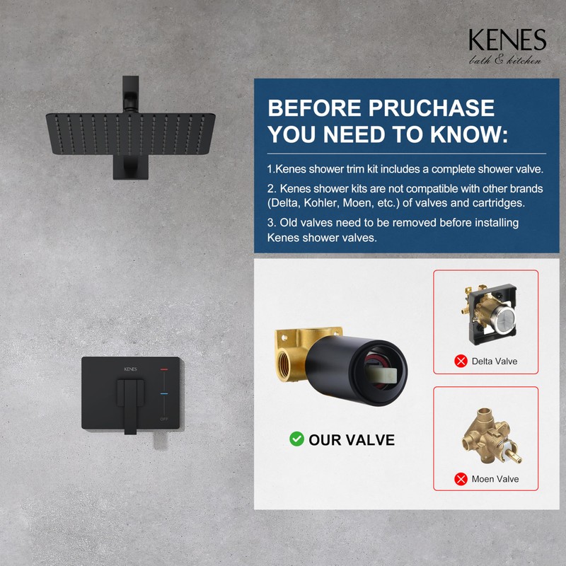 KENES Matte Black Shower Faucet with Square Shower Trim Kit