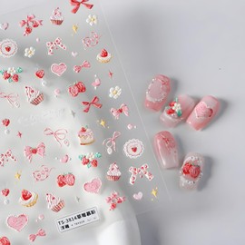 Strawberry Nail Stickers for Nail Art 5D Embossed Bow Nail Decals Cute Nail Stickers Pink Nails Design Heart Nails Art Supplies Decoration Accessories for Women and Girls