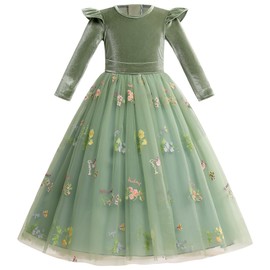 IDOPIP Embroidery Flower Girls Velvet Tutu Dress for Kids Princess Birthday Party Formal Wedding Dresses Toddler Pageant Communion Holiday Gown Long Sleeve Fall Winter Clothes Green 9-10 Years