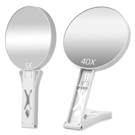Magnifying Mirror 40X/5X Double Sided Hand Mirror, Precision Makeup at 40X Magnification & Overall View at 5X，Travel Handheld Magnified Makeup Mirror with Handle & Table Stand, Vanity Cosmetic Mirror