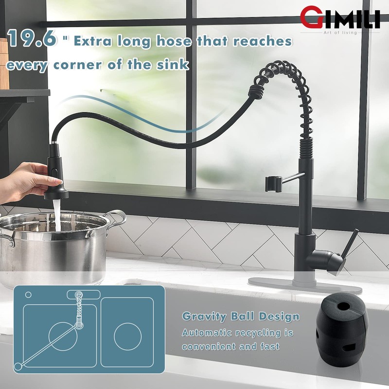 GIMILI Matte Black Kitchen Faucet with Soap Dispenser, Commercial Single