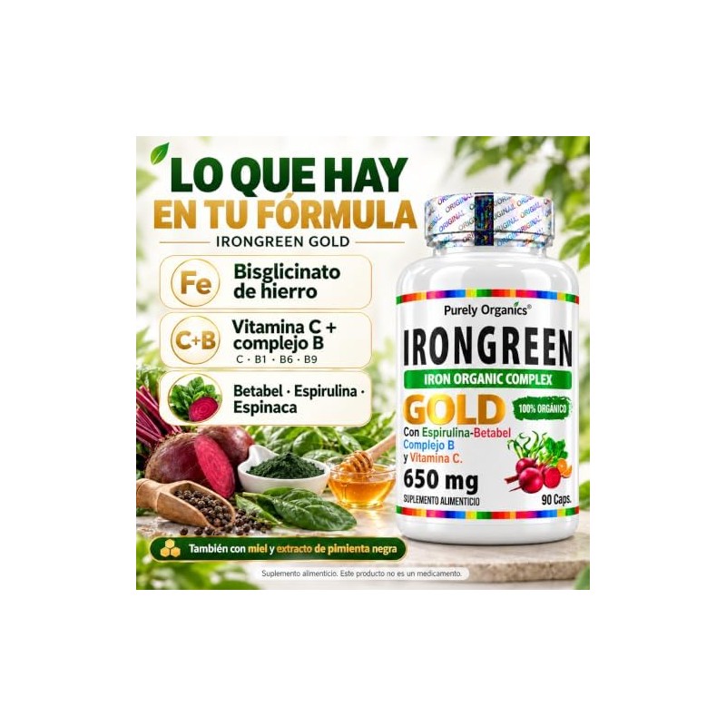 Purely Organics bisglicinato de hierro con vitamina C, 90 cápsulas