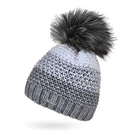 Neverless® Women's Knitted Hat Lined Fleece Fur Pom Faux Fur Winter Hat Bobble Hat Chunky Knit Multicoloured, Light grey/white