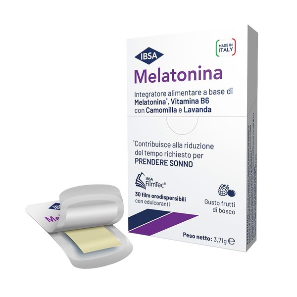 Melatonin IBSA - 30 Orodispersible Films - Melatonin based dietary supplement that helps reduce the time needed to sleep with Vitamin B6, Chamomile and Lavender.