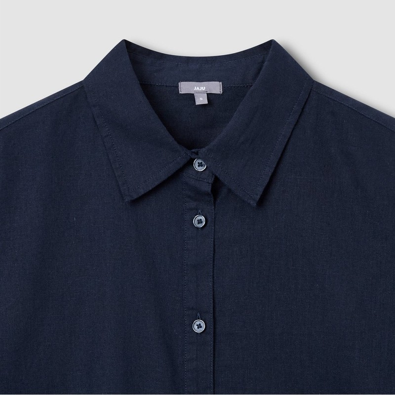 JAJU [JAJU] Soft Linen Blend Long Sleeve Shirt_Navy