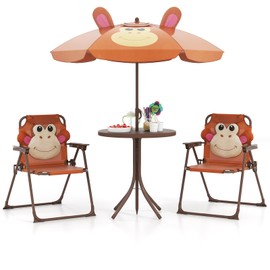 CHEFJOY Kids Picnic Table, Kids Outdoor Table with 2 Folding Chairs, Removable & Height Adjustable Umbrella, Cute Animal Theme Children Outdoor Furniture for Patio, Garden, Backyard (Brown Monkey)