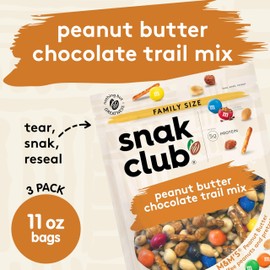 Snak Club Peanut Butter Chocolate Trail Mix with Peanuts, Peanut Butter M&M’S, Toffee Peanuts, and Pretzels, 11 oz Resealable Bags, 3 Pack