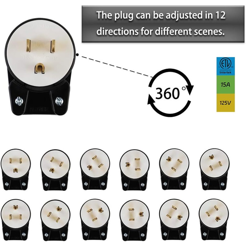 Right Angle Nema 5-15P 15A 125V , 360° Rotatable DIY