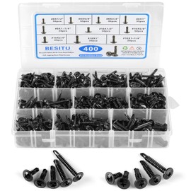 Besitu 400PCS Self Tapping Screws, 410 Stainless Steel Self Drilling #8#10 Black Oxide Sheet Metal Screw, Length 1/2" to 1-1/4'', Truss Head Wood Screws Assortment for Metal, Plastic and RV