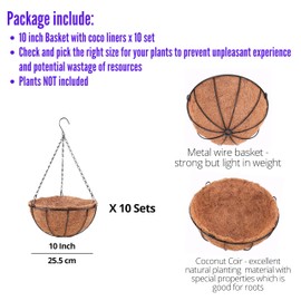LaLaGreen Hanging Baskets for Plants (10 Pack, 10 Inch) Hanging Planter Outdoor with Coco Liner, Metal Wire Flower Basket Pots Holder Hanger Hook Deck Patio Porch Garden Balcony Outside Decoration