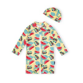 EZ Moms Baby Boy Swimsuit 6-9 Months UPF 50+ Long-Sleeve Infant Swimsuit Boy One Piece Zipper Toddler Bathing Suit Boys Sunsuit Baby Bathing Suit Beachwear with a Swim Cap (Watermelon, 6-12M)