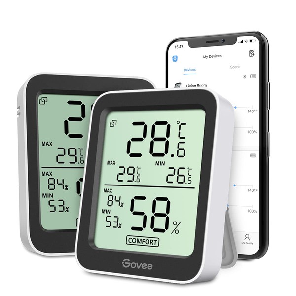 Govee Thermo-Hygrometer, Thermometer, Hygrometer, Bluetooth, Digital, Temperature and Humidity Management with Smartphone, High Precision, Compact, Large Screen, Graph Recording, Alarm, Abnormal Notification, Maximum Lowest Temperature and Humidity, Dryi