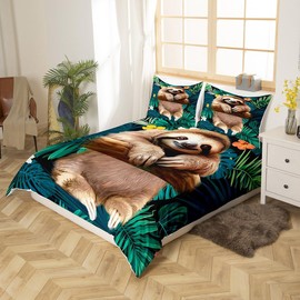 Kids Cute Sloth Bedding Set Cartoon Animal Comforter Cover for Boys Girls Funny Lazy Sloth Tropical Leaves Floral Print Duvet Cover Nature Themed Bedspread Cover Room Decor Quilt Cover Twin Size
