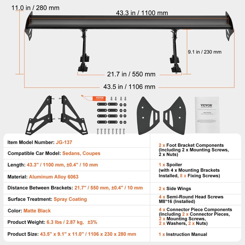 VEVOR GT Wing Car Spoiler, 43.3 inch Universal Spoiler with