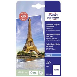 Avery Zweckform Art. C2570-50 Premium Inkjet Photo Paper (50 Sheets, 250 g/m², 10 x 15 cm, Satin Photo Cards, Coated on One Side, Immediately Dry and Smudge-Proof, Photo Sheets for Inkjet Printers)