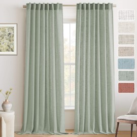 PrinceDeco Linen Curtains 84 Inches Long for Living Room Light Filtering Farmhouse Style for Bedroom Windows Rod Pocket/Back Tab Linen Curtains Privacy Assured,2 Panels,Laurel Green