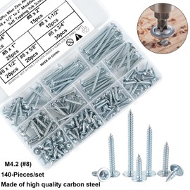 FandWay Pack of 140 M4.2 x 13 ~ 50 mm Round Head Self-Tapping Screws, Phillips Tapping Screws Made of Carbon Steel, Galvanised Wood Screws Set for Sheet Metal, Aluminium, Wood, Plastics