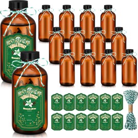 Uiifan 12 Pack Amber Glass Bottles Boston Round Sample Bottles Glass jars with Lids Dark Vanilla Extract and 12 Pcs Christmas Green Snowflakes Stickers for Gift Beans(2 oz)