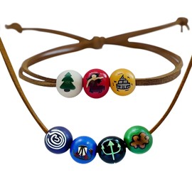 Zaky Anime Camp Half Blood Percy J. Annabeth Inspired Necklace Leather Cord Suede Cord Trendy Natural Wooden Beads Bracelet Half God Trident Olympic Necklace 2 Pieces, Wood, No Gemstone