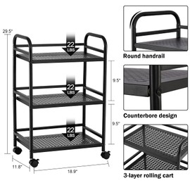 HDANI 3 Tier Rolling Cart,Heavy Duty Multifunctional Metal Frame-Supports 22 Lbs Per Tier,Rolling Cart with 2 Lockable Wheels for Office,Home,Bedroom,Kitchen,Bathroom (Black)…