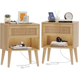 Irontar 17.7''L Nightstand Set of 2, Bedroom Night Stand with Charging Station & Rattan Drawer, Boho Style Bed Side Tables with Solid Legs, Accent End Table with Open Storage, Natural BZZ007ME02