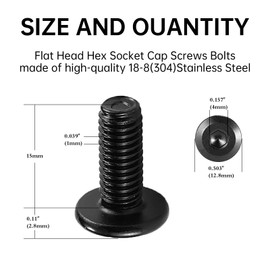 Awilzzoe M6 x 15mm 30Pcs Flat Head Hex Socket Cap Screws Bolts, 304 Stainless Steel Surface Black zinc Plated Bolt, M6 bolt, Replacing alloy steel black oxide bolt, with Hex Spanner