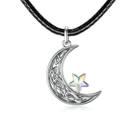 AOBOCO Celtic Knot Moon Choker Necklace 925 Sterling Silver Black Leather Choker Necklace with Star Crystal, Crystal