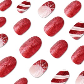 Red Christmas Press On Nails Short Oval Shiny Glitter Snowflake Designs -Fake Nails Red Fit & Natural Soft Gel Press on Nails Xmas Full Cover Stick on Nails Acrylic Winter Artificial Nails for Women
