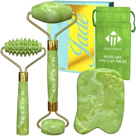 Jade Roller for Face and Gua Sha Set - Massage Tools for Drainage Puffiness Wrinkles Relaxation - Face Massager Jade 3 in 1 Kit - BONUS Ridged Roller, Gift Box, Gua Sha