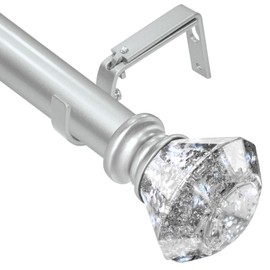 Silver Curtain Rods 66 to 120 Inch(5.5-10 ft), Modern Decorative Heavy Duty Adjustable Curtain Rod for Windows, Single curtain Rod with Silver Translucent Diamond finials, 36-120"