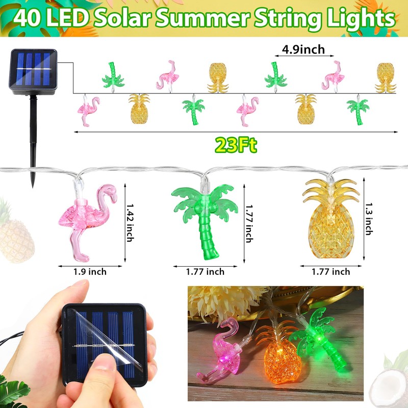 Solar Summer Hawaiian Outdoor Lights, 16Ft 40 LED Flamingo Pineapple
