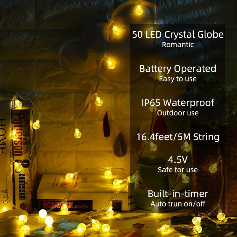 Metaku Globe String Lights Fairy Lights Battery Operated 16.4ft 50LED