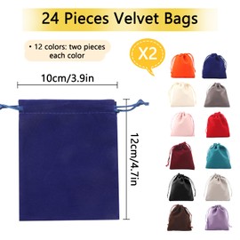 Pack of 24 Velvet Bags Colourful, 12 Colours Velvet Bags with Drawstring, Jewellery Bag, Gift Bag, Velvet Bag Small, Mini Bag for Jewellery, Favour Rings, Weddings, Parties (Mixed, 10 x 12 cm)