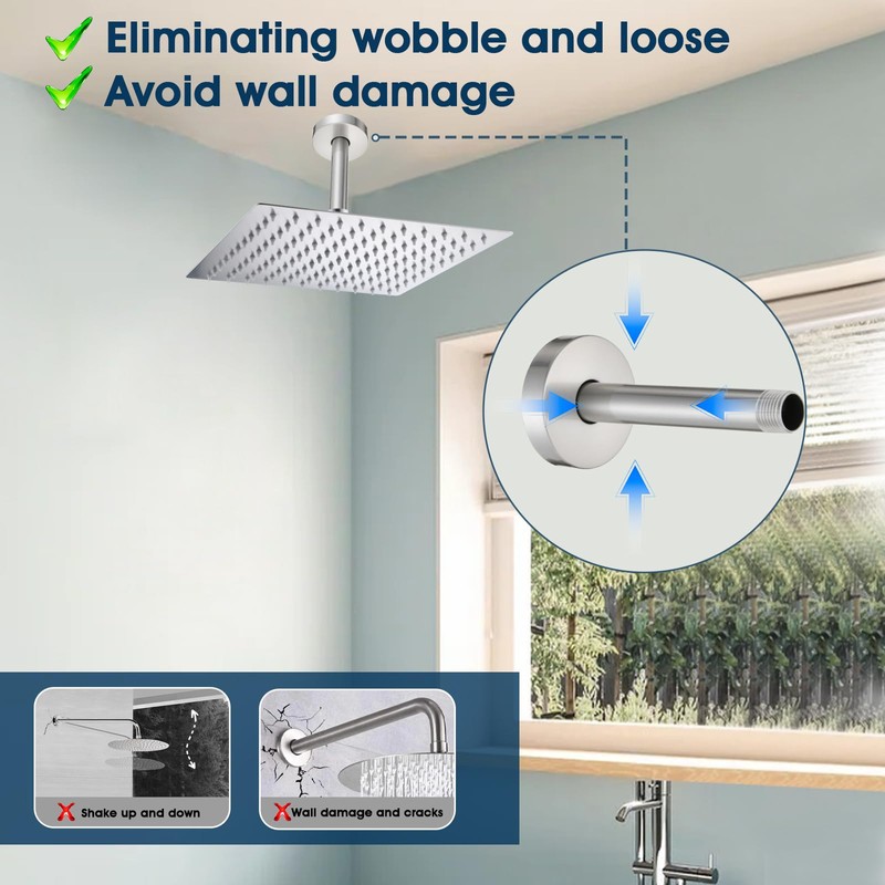 RAINREVIVE 6 Inch Straight Shower Arm with Flange and Stabilizer