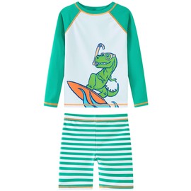UMELOK Boys' Swimming Set UPF 50+, Two Piece Rash Guard and Swimming Shorts with Cute Animals Motif, Sun Protection for Children, green/white