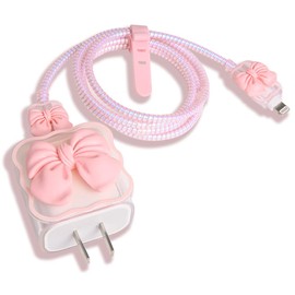 QLD COVER QLD COVER Compatible with iPhone 18W/20W USB-C Charger Cover Cute 3D Bow Tie Design Clear Soft Charger Protector Kawaii Cable Saver for iPhone 11 12 13 14 Pro Max Fast Power Adapter, Pink 2 (5in1)