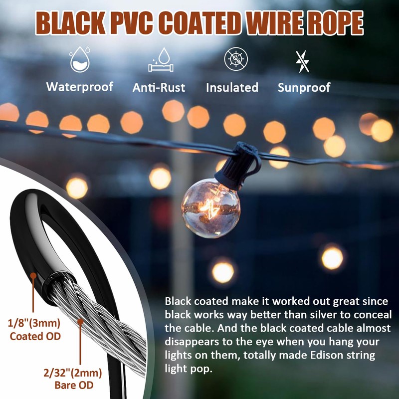 hannger String Light Hanging Kit Outdoor, Full Black Globe String