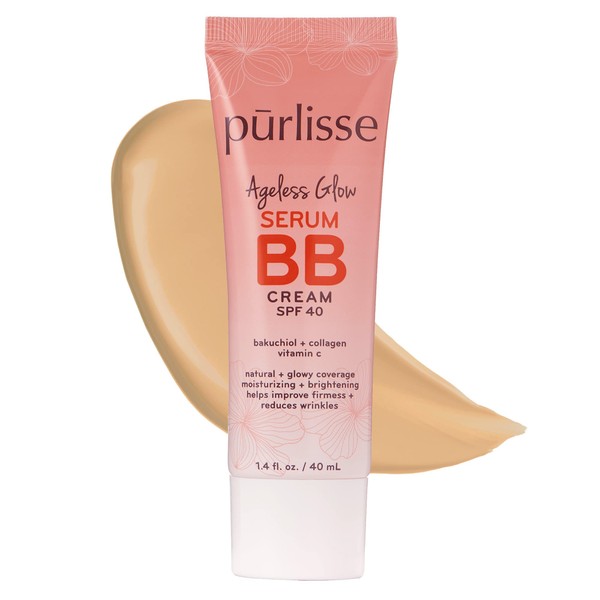 purlisse Ageless Glow Serum BB Cream SPF 40 : Clean & Cruelty-Free, Full & Flawless Coverage, Hydrates with Collagen | Light Medium 1.4oz