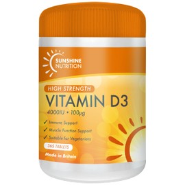 Vitamin D3 Tablets - Maximum High Strength D3 4000IU - One a Day - 365 Days Supply, Easy to Swallow (Adults D3 Tablets) by Sunshine Nutrition. Made in UK.