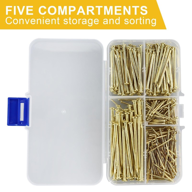 350 Piece Wall Nail Set, Brass-Plated Nails Assortment, Brass Coated