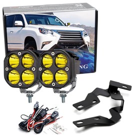 iJDMTOY Yellow Lens, Selective Yellow LED Ditch Light Bundle Compatible with 2010-2023 Lexus GX460, (2) 20W High Power LED Round Pods, Windshield A-Pillar Mounting Brackets & On/Off Switch Wiring