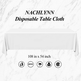 NACHLYNN 6 Pack Disposable Plastic Tablecloths 54 x 108 Inch White Rectangle Table Cover for Holiday Party Engagement Weddings Baptism Birthday Decoration
