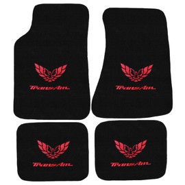 AveryAutoMats Custom Fit 4 Piece Carpet Floor Mats Compatible with 1982-2002 Pontiac Firebird Trans Am with Red Logo on All 4 Mats - Black